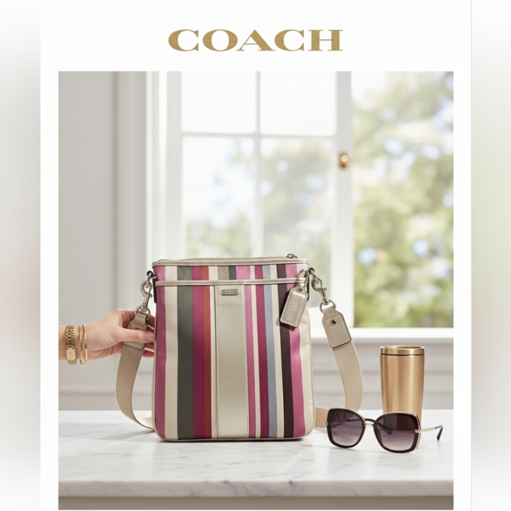 Coach Julia Legacy Stripe SWINF Crossbody Bag in Black with Gold Hardware